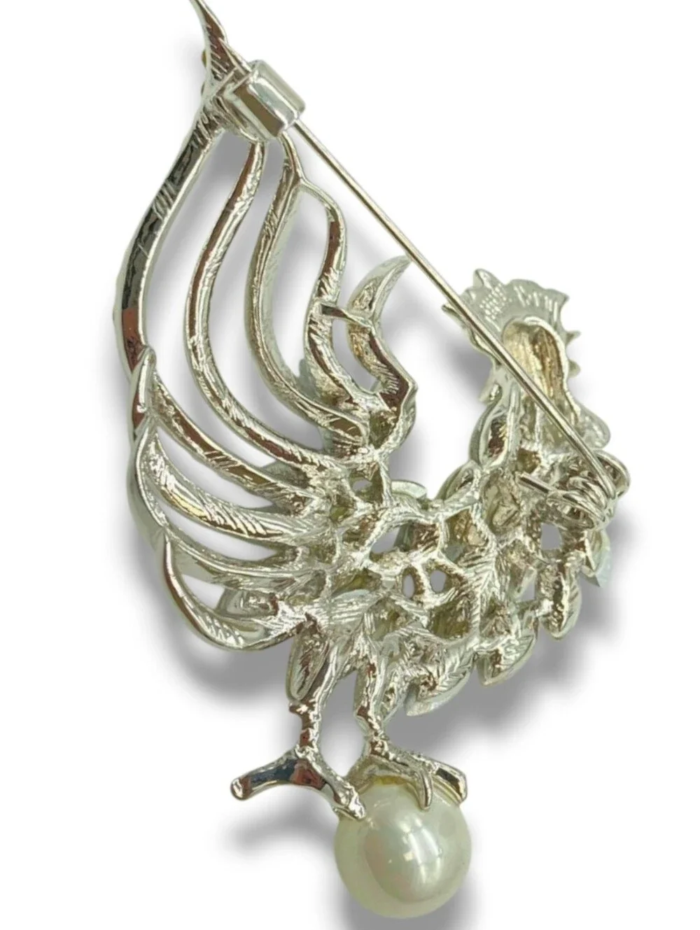 Vintage Signed Figural Rooster Brooch AB Rhinestone Pearl Belly Pin